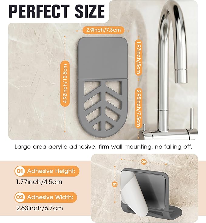 2Pack Sponge Holder for Kitchen Sink, Strong Self-Adhesive Sink Caddy Soap Holder, Silicone Rustproof for Sponges, Brushes, Stoppers, Razo, Flexible-2.9" x 4.92" (Grey)