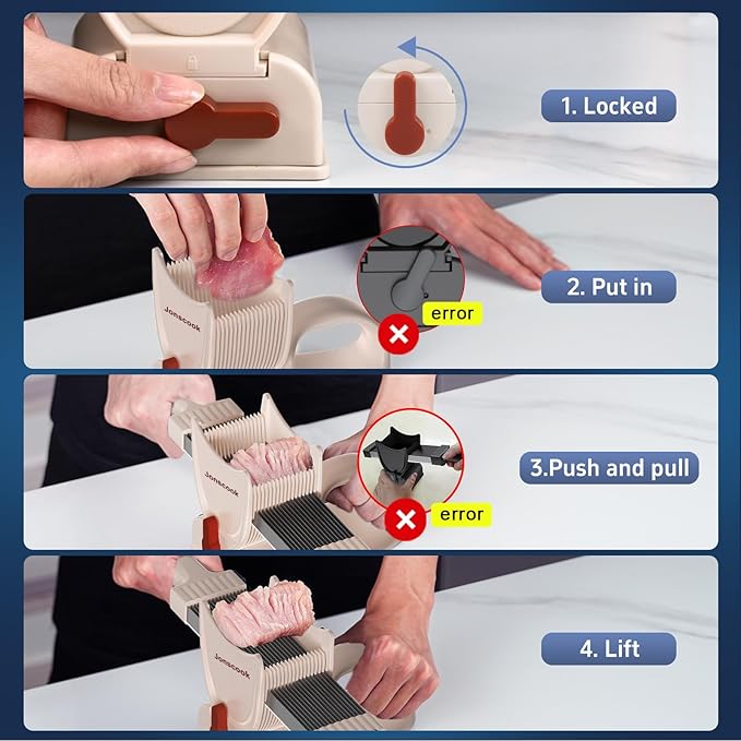Fresh Meat Slicer with Steady Grip, Manual Fresh Meat Cutter, Meal Prep Ideas, Adjustable Thickness 2mm or 4mm, 17 Blades get 18 Meat Slices, Meat Cleavers can be Sliced, Striped, Diced -Pink