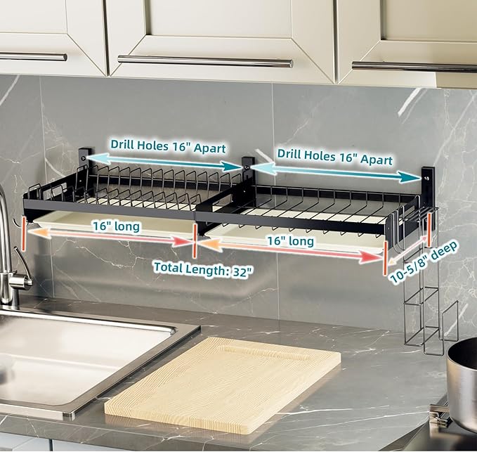 Hanging Wall Mounted Dish Drying Rack, Cutting Board Rack*1, Hook*4, Drain Tray*2, Apartment & RV Wall Mounted Dish Rack, Small Kitchen & Clean Countertop Solution, Multiple Layouts, Black