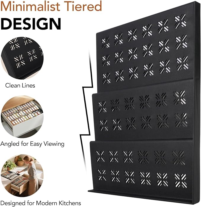 Adjustable 3-Tier Drawer Spice Organizer – Thick Plastic, Non-Slip, Fits 11"-22" Kitchen Drawers, Includes Labels & Funnel (No Jars)