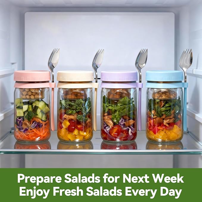 4 Pack Glass Salad Pod Mason Jar with Dressing Cup & Spork, 32 oz Salad Container to Go with Lids Meal Food Prep for Lunch, Large Travel Mason Jar Bowl with 2 Insert Dressing & Topping Holder