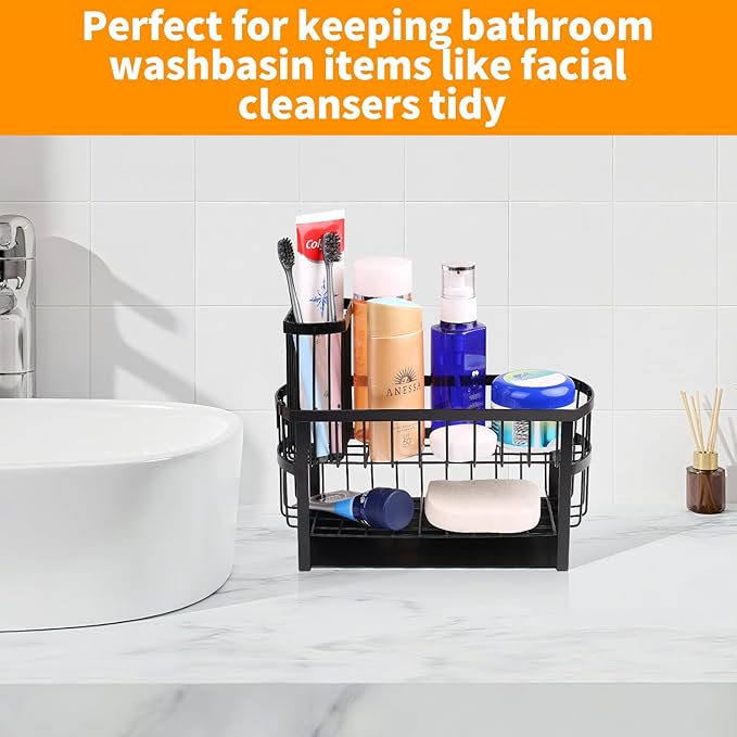 Kitchen Sink Organizer Rack,2-Tier Sink Caddy with Holder for Pot Brush,Oval Sink Organizer for Sponge