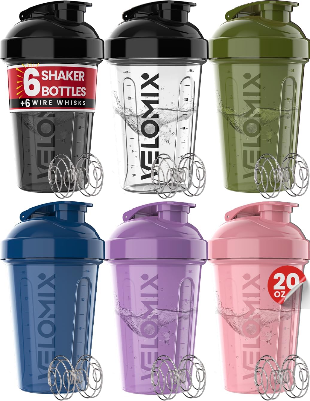 6 Pack 20oz Protein Shaker Bottle for Protein Mixes, Muted Contrast
