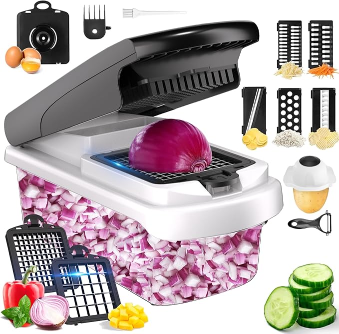 Vegetable Chopper Mandoline Slicer, 15 in 1 Food Veggie Chopper for Onion, Veggie, Cheese Grater, Vegetables Cutter With Large Container, Kitchen Gadgets (White)