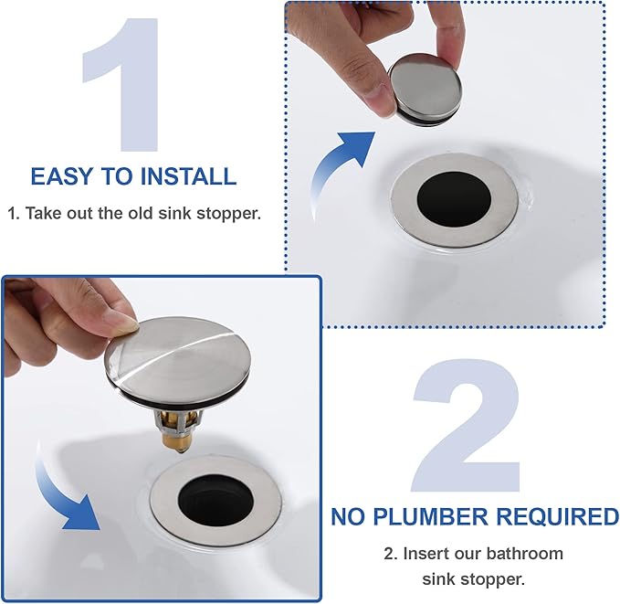 3-in-1 Universal Bathroom Sink Stopper - Brushed Nickel Pop Up Sink Drain Stopper, Brass Bounce Bullet Core Sink Stopper Replacement, Wash Basin Drain Filter Plug with Anti-Clogging Strainer