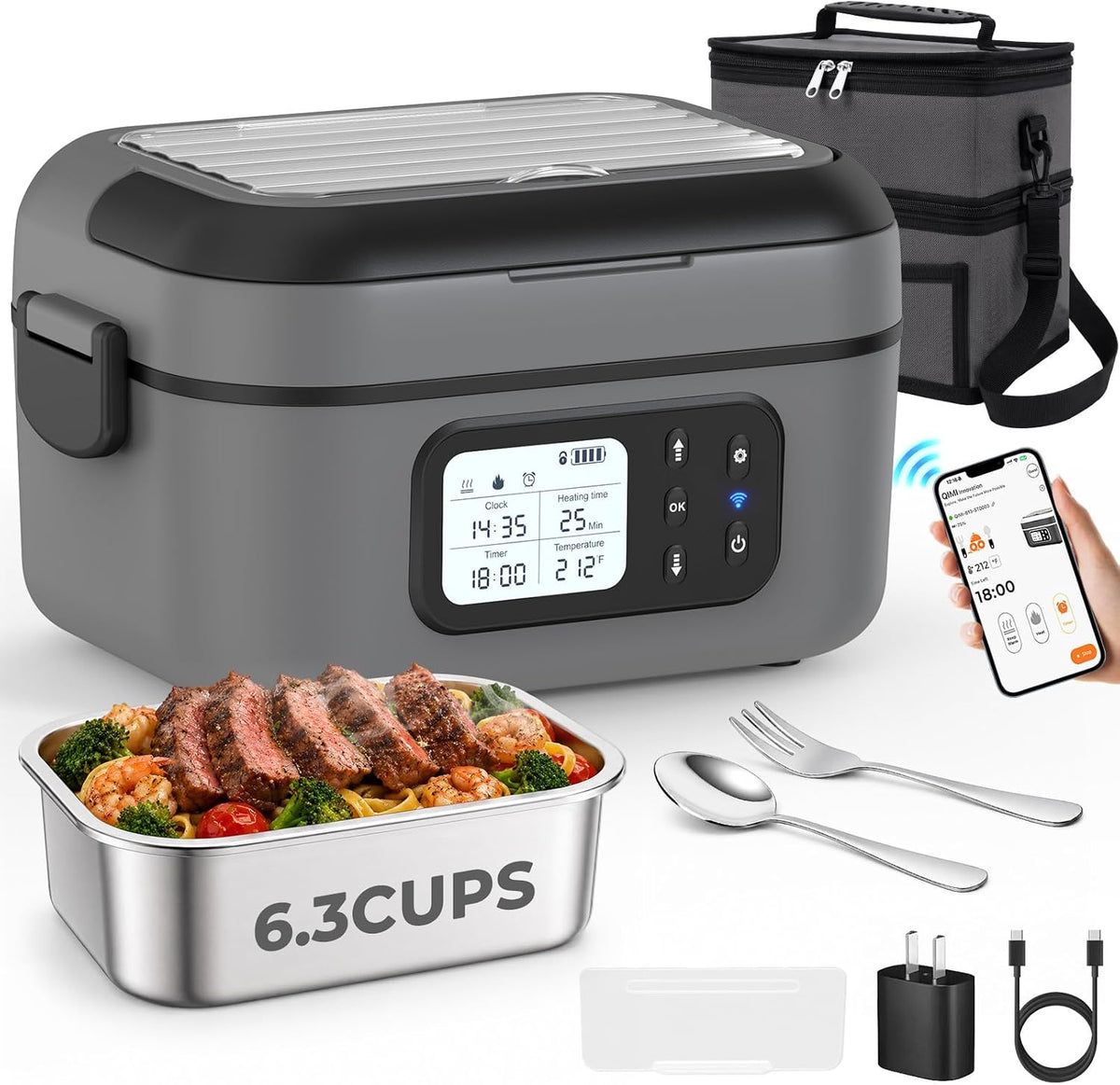 Cordless Electric Lunch Box for Adults with APP Control, 27000mAh Battery Powered, 1.5L Portable Timer & Leak-Proof Warmer, Smart for Men Work Travel Truck (Gray)