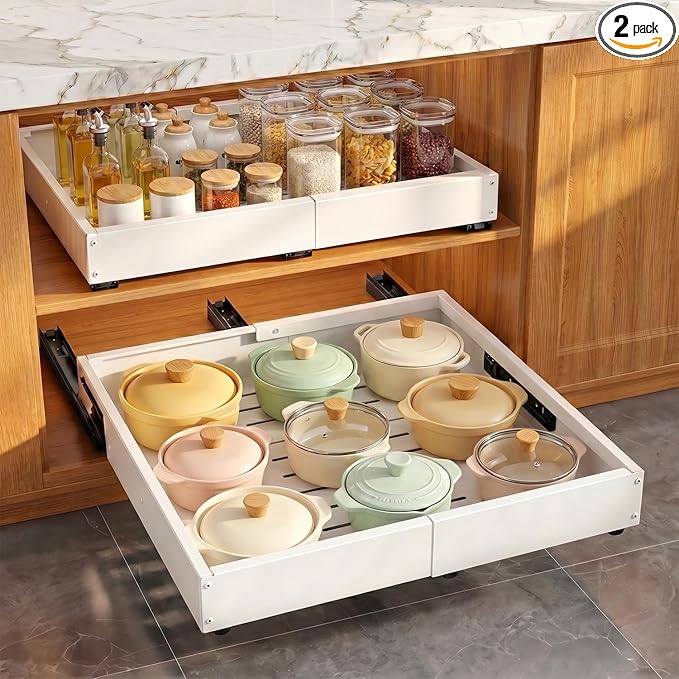 Pull Out Cabinet Organizer for Kitchen,Full Expandable Width 12"-19" Depth 16"-22" Cabinet Drawers Slide Out No Drill Adhesive,Cabinet Pull Out Shelves for Kitchen Pots Pans Spices 2Pack