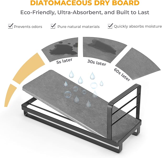 KONE Kitchen Sink Caddy: Sponge Holder for Kitchen Sink Counter with Instant Drying Stone and High Brush Holder, Rustproof Stainless Steel Sponge Holder for Sponges, Scrubbers, Soap (Black)