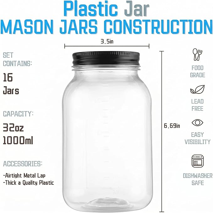 novelinks 32 oz Mason Jars with Plastic Lids, 16 Pack Large Plastic Salad Jars with Lids 32oz, Reusable Spice Containers & Kitchen Jars for Pantry Organization (16 Pack,Black)