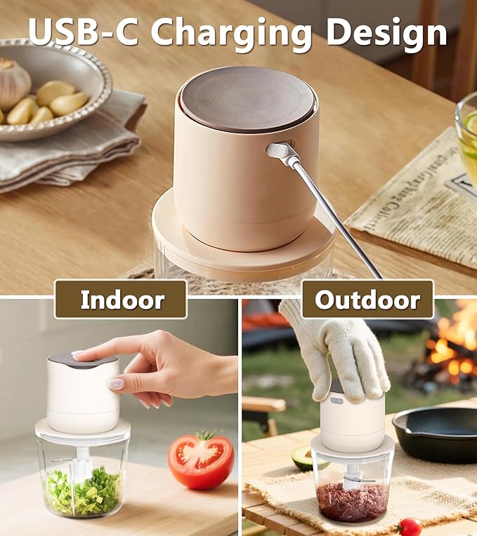 600ml Glass Cordless Food Chopper, Wireless Food Processor with 3 Sharp Blades ＆ USB-C Rechargeable Battery Motor, Small Garlic Vegetable Chopper, Electric Meat Blender Grinder, Portable Mini Mixer