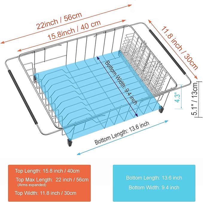 iPEGTOP Expandable Dish Drying Rack Over Sink, Rustproof Stainless Steel Basket Shelf, Multifunctional Dish Drainer Organizer with Utensil Cutlery Holder