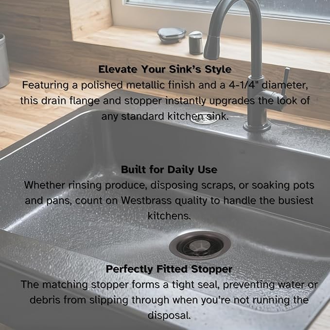 Westbrass A2165-12A 4-1/4" OD Post Style Large Kitchen Basket Strainer with Waste Disposal Flange and Stopper Drain Set, Antique Bronze