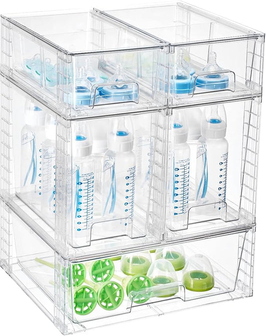 Vtopmart 6 Pack Clear Stackable Storage Drawers,Easy to Assemble Baby Bottle with handles,Plastic Drawers for Kitchen Pantry,Cabinet,Under Sink Organization