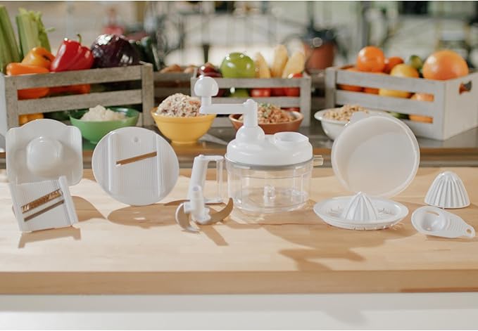 Manual Vegetable Cutter & Food Processor - Veggie Chopper, Mincer for Garlic, Onion, Herbs & Nuts - Includes Slicer, Julienne Blade, Juicer, Egg Separator - Easy Spin Handle - Easy to Clean