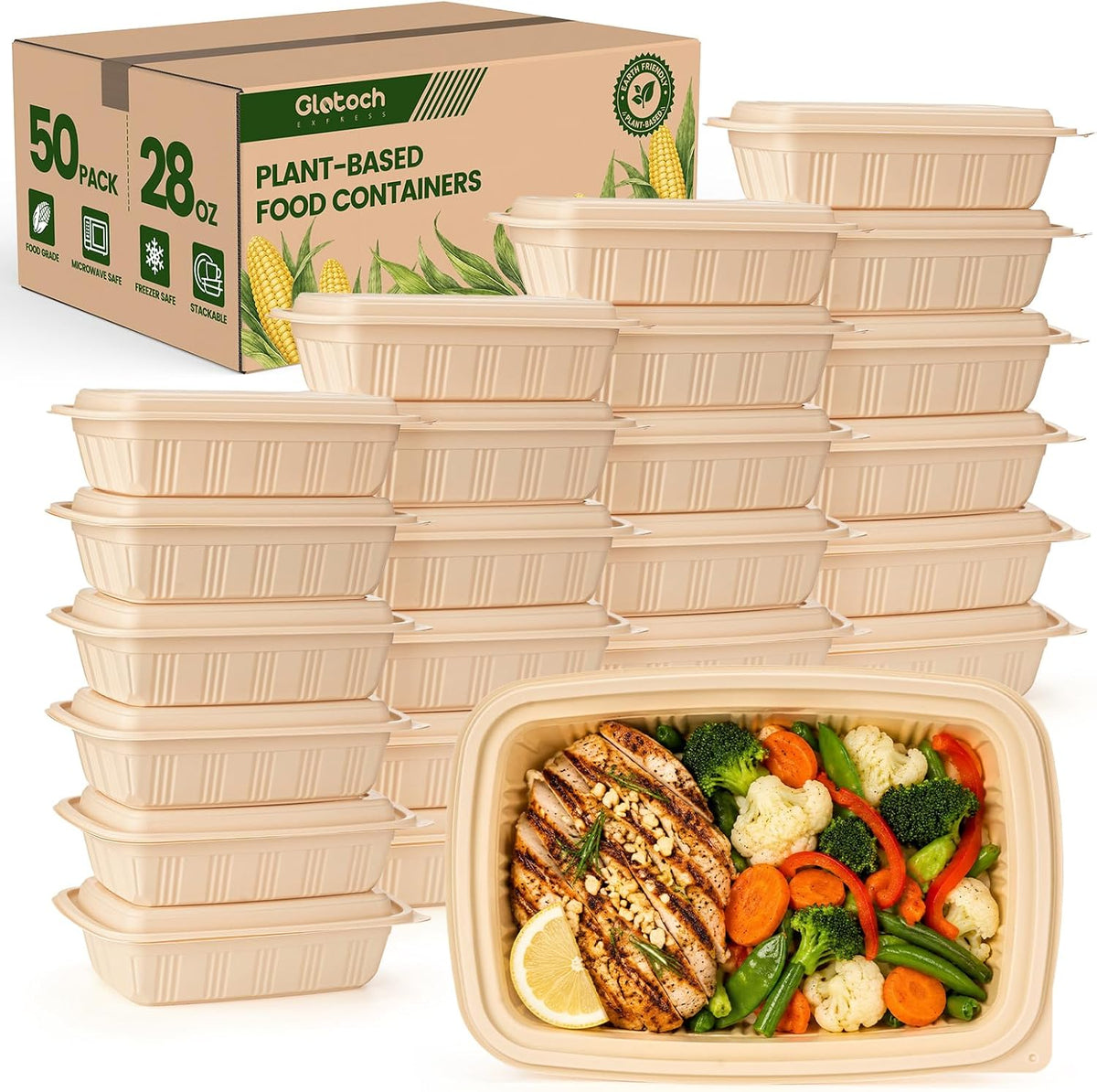 100 Piece (50 Pack) Meal Prep Containers with Lids, 28 oz Cornstarch Food Storage Containers Plant-based Lunch Box for Salad,BPA Free Plastic Take Out Containers Microwave and Freezer Safe