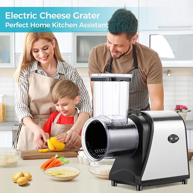 Electric Cheese Grater, 250W Electric Slicer Shredder, One-Touch Control Electric Salad Machine for Cheese, Fruits, Vegetables, Salad Maker with 5 Different Shapes of Blades, 2026 Upgrade