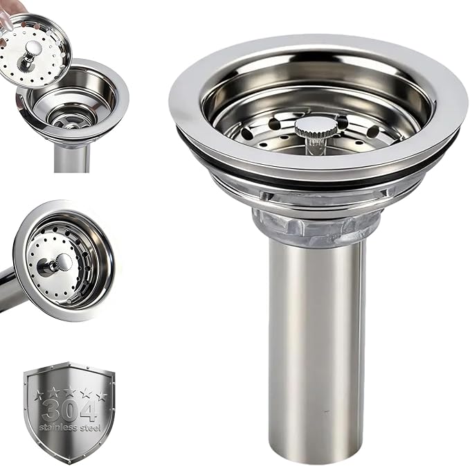 Kitchen Sink Drain Assembly, Stainless Steel Basket Strainer with Knob, 3-1/2 Inch Sink Drain Stopper Plug, Threaded Plastic Sink Strainer Tailpiece 1-1/2 in