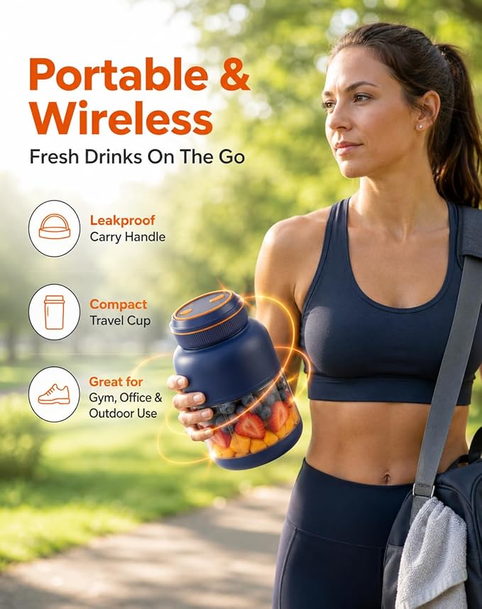 Portable Blender 44oz, Wireless Juicer Cup for Shakes and Smoothies, Personal Size Blender with Dual Lid & Leakproof Handle, Compact Travel Drinking Cup for Gym, Office, Kitchen, Outdoor (Blue 27oz)