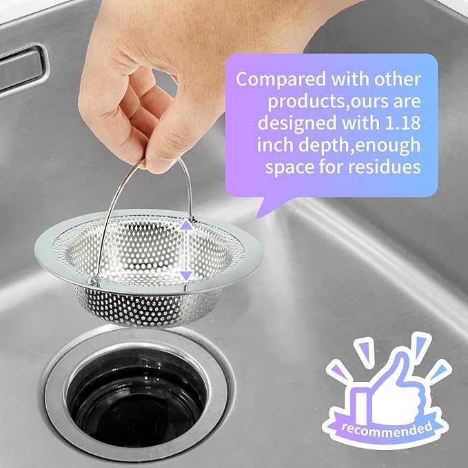 2 Pack Kitchen Sink Drain Strainer with Handle 4.5 inch Diameter, Rust Free (Kitchen Sink Stopper)