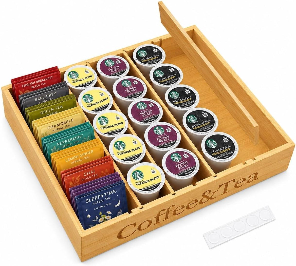 Premium Bamboo Coffee Station & Tea Bag Organizer Box -7 Adjustable Slots with Removable Dividers, Silicone Non-Slip Pads - Eco-Friendly Countertop & Drawer Storage for K-Cups, Office Breakroom