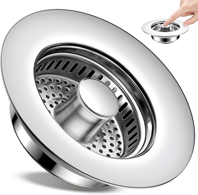Kitchen Sink Drain Strainer 3 in 1, 304 Stainless Steel Pop Up Sink Stopper, Anti-Clogging Sink Drain Strainer for US Standard Kitchen Drain (Chrome)