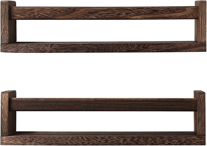 JORIKCHUO Nursery Book Shelves, Set of 2 Wood Floating Book Shelves for Kids Room, Kitchen Spice Rack, or Rustic Wall Mounted Shelves for Farmhouse Bathroom Décor (Carbon Brown)