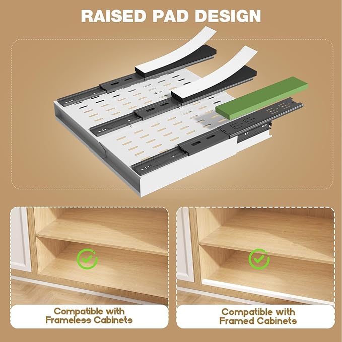 Seinloes Pull Out Cabinet Organizer, 4-Side Expandable to Fit Most Cabinets, 3 Rail Slide Out Drawers with Raising Pad for Framed & Frameless Cabinets, 11"-16" W x 13"-17" D, White, 2 Pack