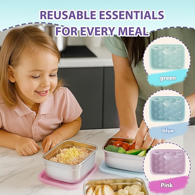 Tanjiae 3-Pack Stainless Steel Snack Containers for Kids & Toddlers - 550ml (18oz) Leakproof Reusable Food Containers with LFGB Certified Lids | Stackable Metal Lunch Box for Daycare, School, Travel
