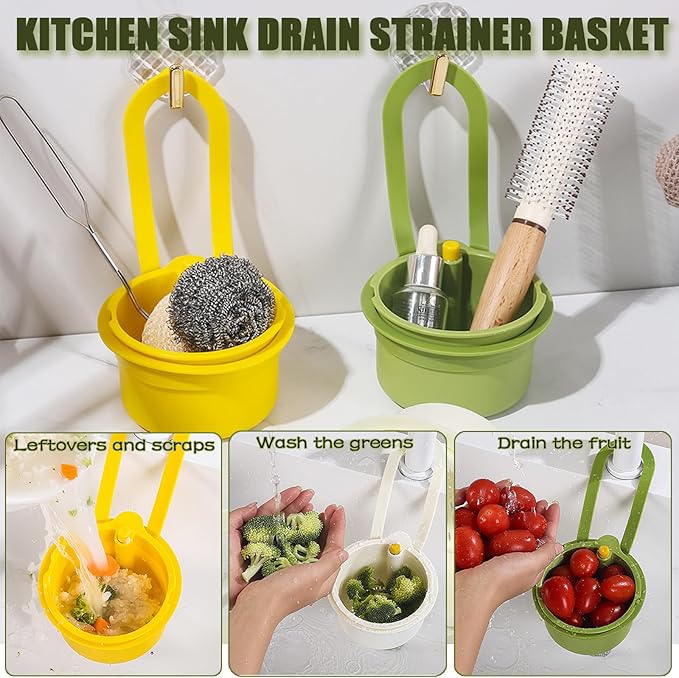 2PCS Hanging Kitchen Sink Strainer Baskets, Faucet Hanging Strainer, Corner Food Catcher, Sink Protector, Press Dumping Food Waste Catcher, Kitchen Sink Drain Strainer with Dish Sponge (Green+Yellow)