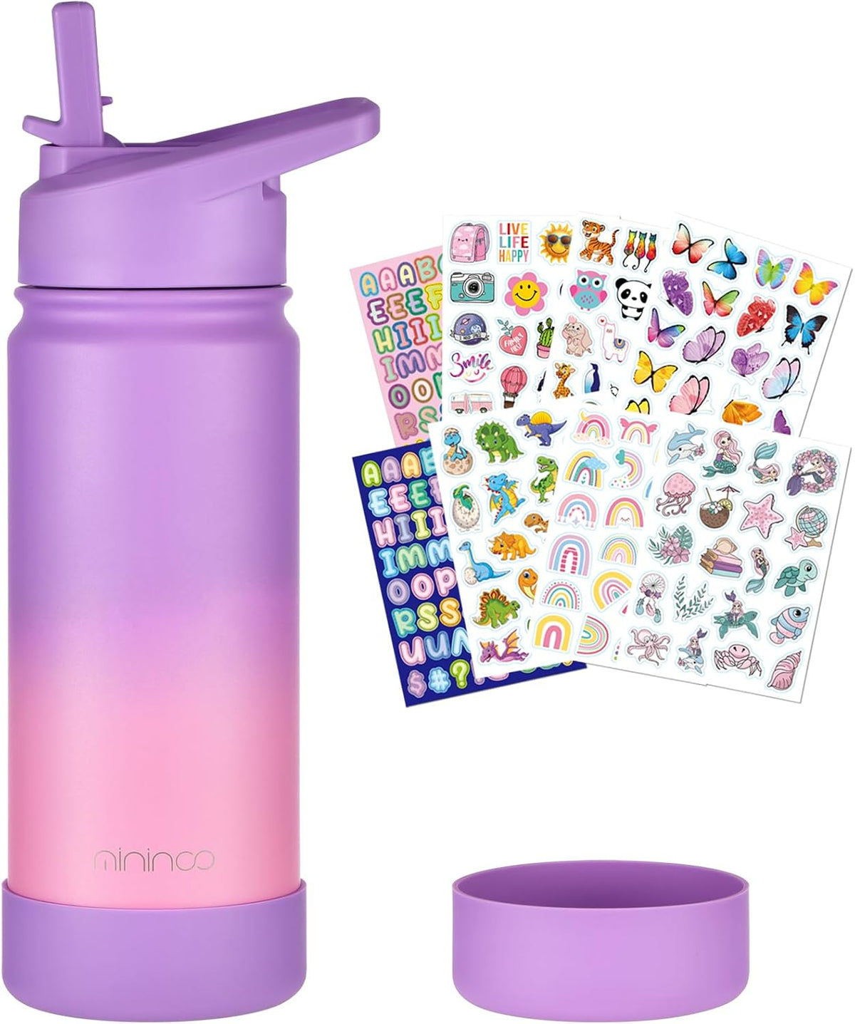 Kids Water Bottle for School, 16oz Stainless Steel Insulated Water Bottle Kids with Straw Lid for Girls, Boys (Purple/Pink)