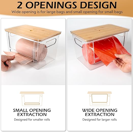 2 Pack Stackable Trash Bag Dispenser with Wooden Top for Extra Large & Medium Size Rolls, Garbage Bag Holder for 13-33 Gallon Bags, Trash Bag Dispenser Under Sink with Anti-Slip Base for Rolls Storage