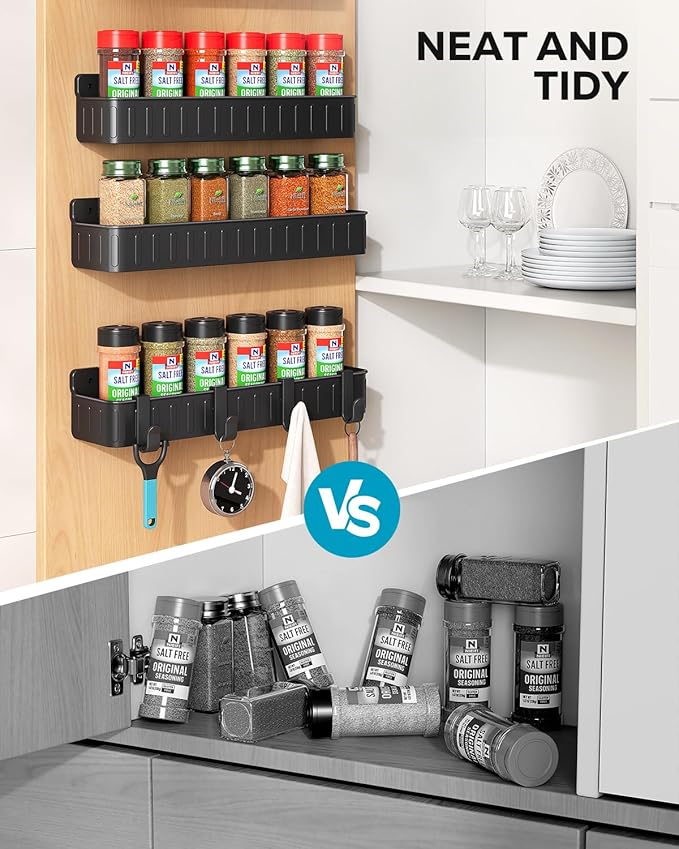 Nieifi Spice Rack Wall Mount, 4 Pack, Black, Screw or Adhesive Installation, Spice Rack Organizer for Small Spice Jars, Suitable for Kitchen Cabinet or Pantry Door