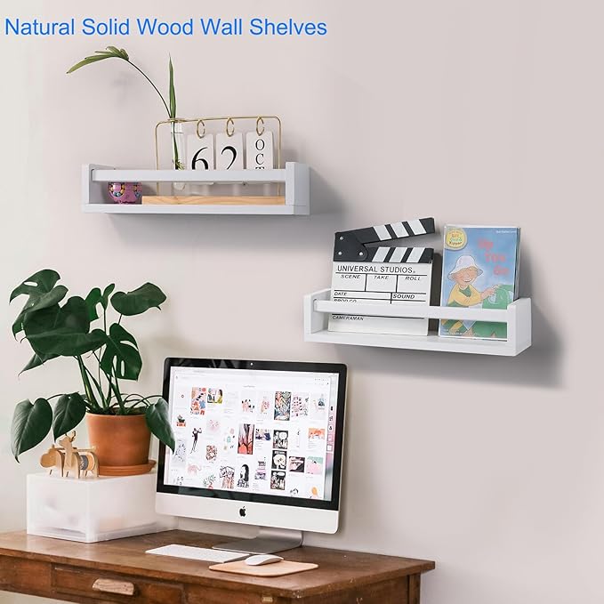 JORIKCHUO Nursery Book Shelves, Set of 2 Wood Floating Book Shelves for Kids Room, Kitchen Spice Rack, or Rustic Wall Mounted Shelves for Farmhouse Bathroom Décor (White)