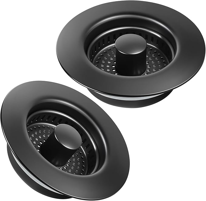 Kitchen Sink Drain Strainer 2 Pack, 304 Stainless Steel Pop Up Sink Stopper, Anti-Clogging Sink Drain Strainer for US Standard Kitchen Drain (Matte Black)