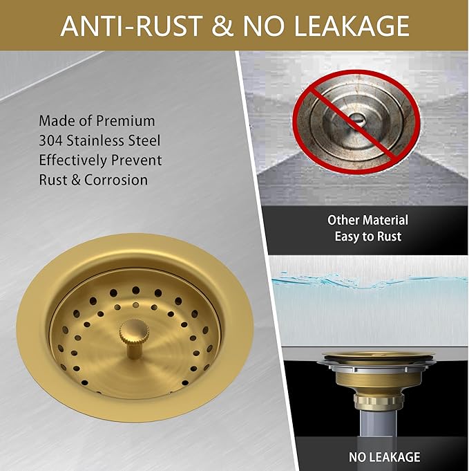 Kitchen Sink Drain Gold Sink Drain Strainer with Fixed Post 3-1/2 Inch Kitchen Drain Assembly with Strainer Basket and Drain Stopper for Standard Kitchen Sink Stainless Steel Brushed Gold