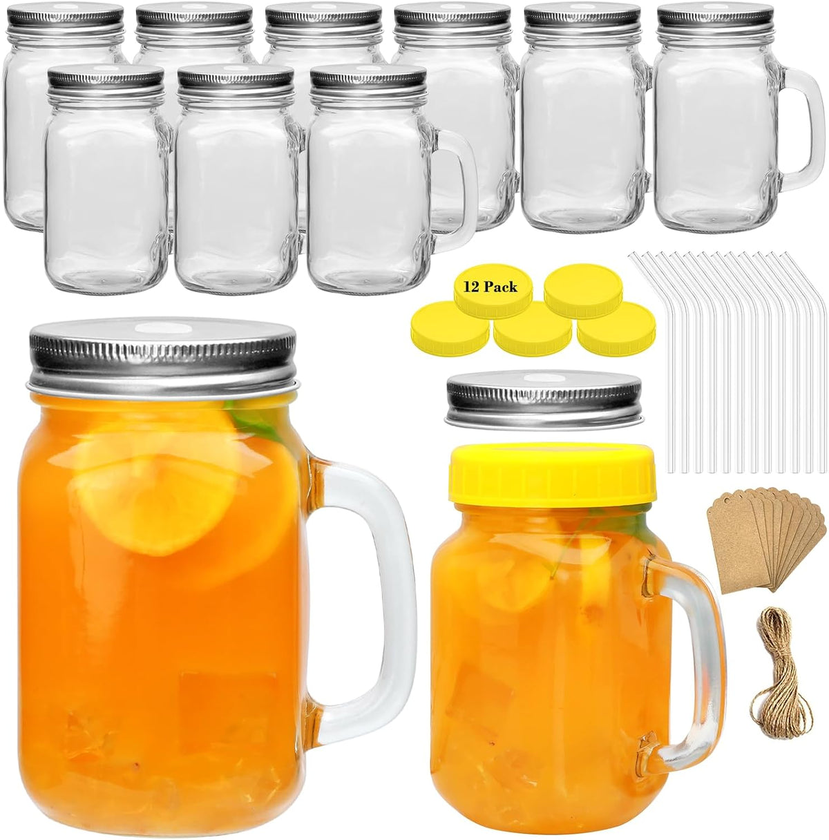 16oz Mason Jars with Handle, Glass Mugs with Straws and Lids 12 Pack