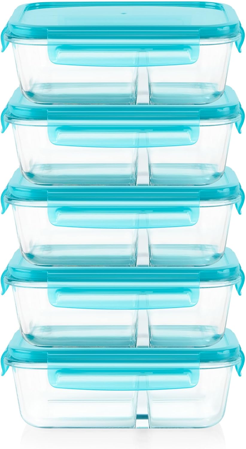 Glass Meal Box (5-Pack, 4 Cup) Divided Compartments, Locking Lids