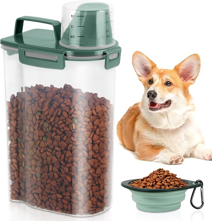 3 Lbs Dog Cat Food Storage Container with Collapsible Dog Bowl for Travel, Portable Pet Food Storage Container, Easy-Pouring Bird Seed Dispenser, Airtight Rice Cereal Oatmeal Flour Holder -Pine Green