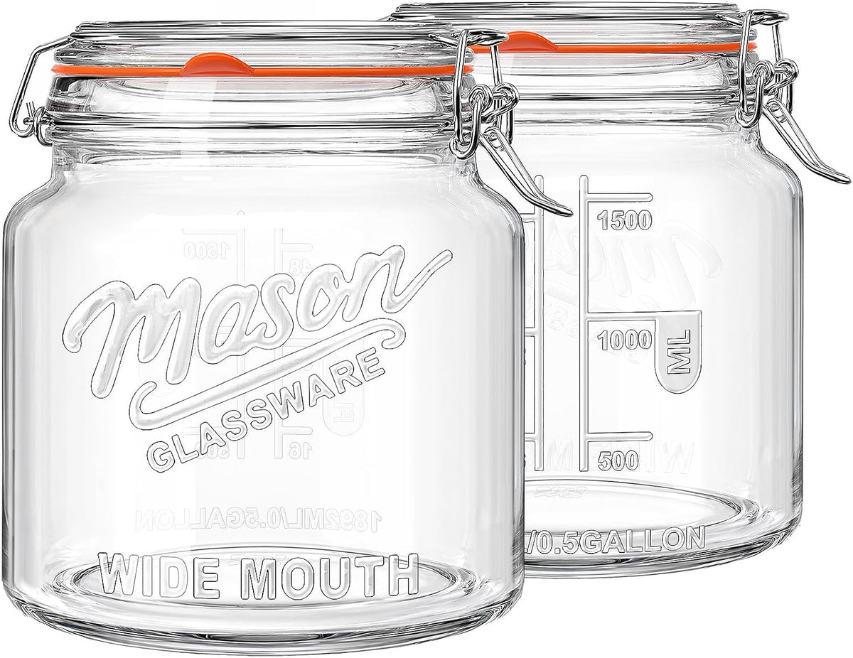 64 oz Mason Jars with Lids, 2 Pack Half Gallon Glass Jars