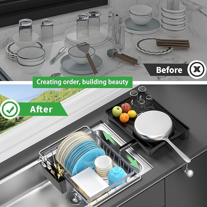LEMIKKLE Sink Dish Drying Rack - Expandable Small Dish Rack Over Sinks with Drying Tray, Dish Drainer for Kitchen Counter with Cutlery Holder, Drying Rack Fit for 14’’-19’’ Kitchen Sink