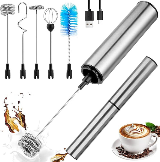 Milk Frother Wand for Coffee, Coffee Foamer Drink Mixer,Handheld Frother Rechargeable Electric Whisk with 5 Heads 2 Speeds for Latte, Cappuccino, Hot Chocolate, Egg(Home and Travel Set Silvery)
