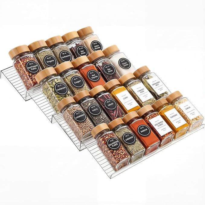 LETGO 4 Pack Adjustable Spice Rack for Drawer- Expandable From 11" to 22" Expandable Spice Drawer Organizer 4 Tiers Acrylic Seasoning Organizer Rack,Clear Spice Rack Tray for Spices,Condiment (4)