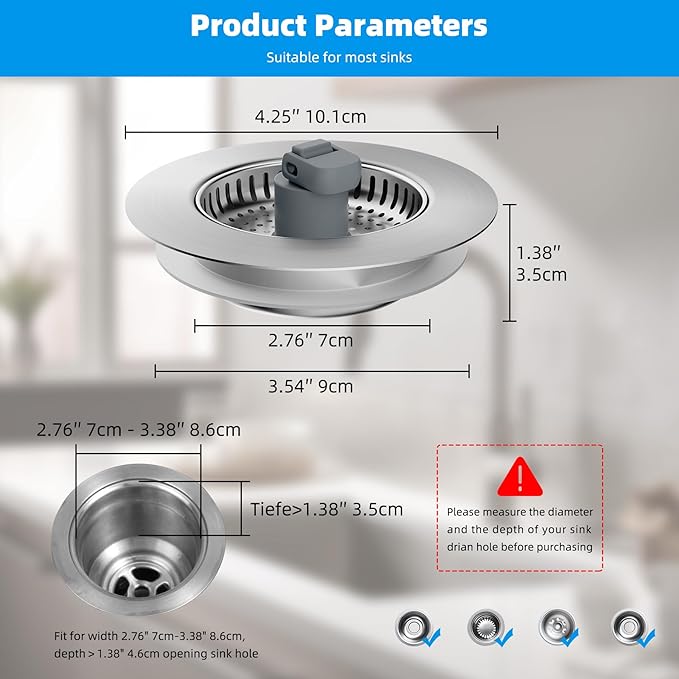 Hibbent 3 in 1 Kitchen Sink Drain Strainer, Stainless Steel Wrapped Shell Drain Stopper Combo, Pop Up Sink Stopper, 3 Anti-Clogging Metal Basket Strainer with Handle for US Standard 3-1/2" Drain