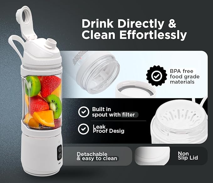 Rechargeable Smoothie Blender 700ml – Portable Mini Travel Blender for Shakes and Smoothies with Six Stainless Steel Blades and USB Charging (White)