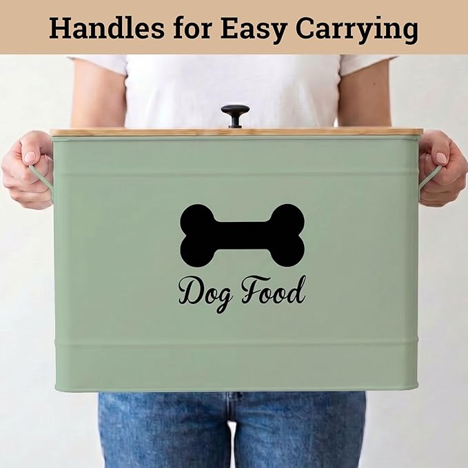 Dog Food Container Airtight 15-20 lb (70 Cup) Capacity with Metal Scoop - Cute Airtight Dog Food Storage Container with Bamboo Lid - Green Metal Kibble Storage Bin for Dogs up to 100 lbs - Big Pet Jar