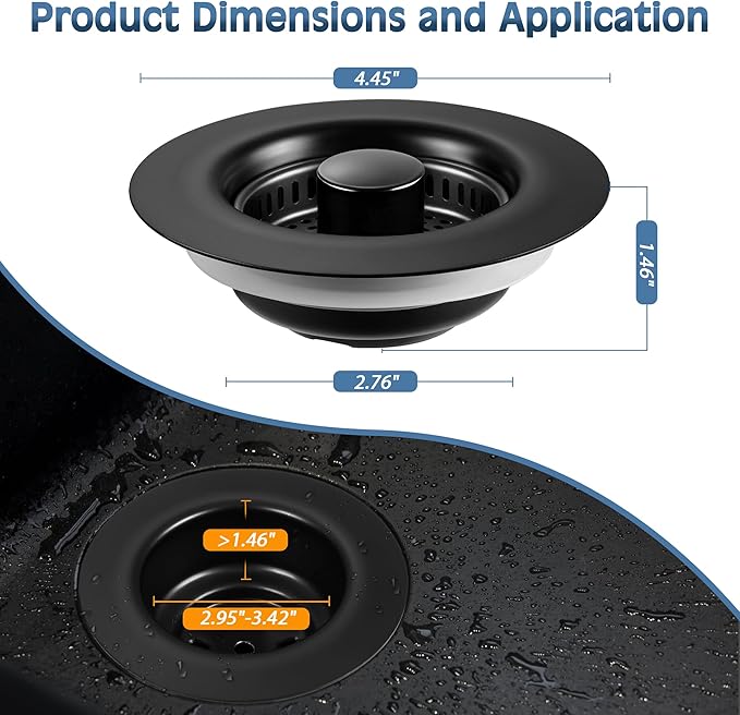 Kitchen Sink Drain Strainer 3 Pack, 304 Stainless Steel Pop Up Sink Stopper, Anti-Clogging Sink Drain Strainer for US Standard Kitchen Drain (Matte Black)