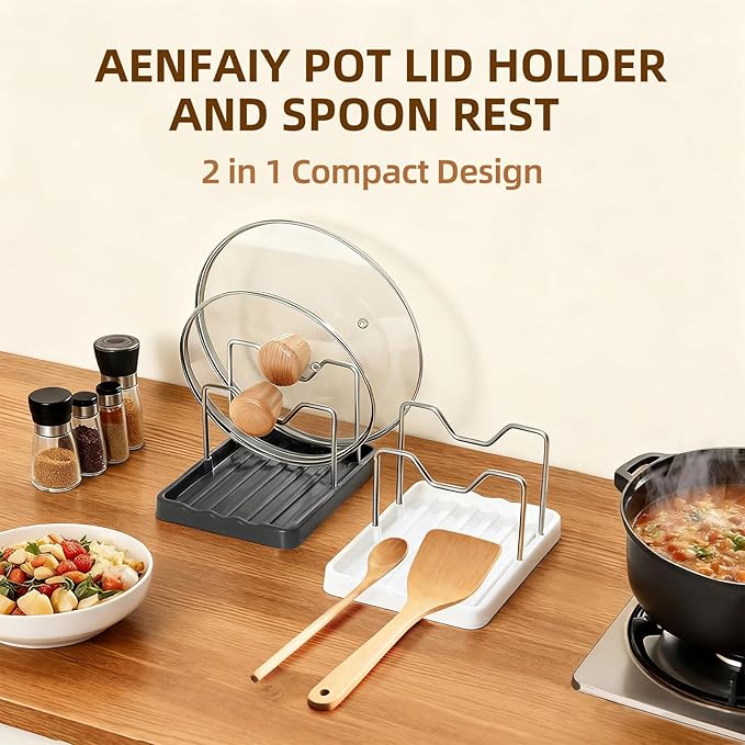 2 in 1 Pot Lid Holder & Spoon Rest for Kitchen Counter, Plastic Utensil Rest with Stainless Steel Pan Lid Holder Organizer While Cooking, Countertop Space Saving Pot Cover Rack | Easy to Clean