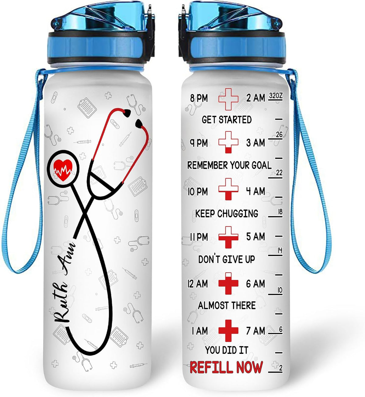 Personalized Nurse Water Bottle - 32oz Motivational Water Bottle with Leak-Proof Lid & Time Marker - Gift for Women, Nursing Students, Medical Assistants, Healthcare Workers On Birthday