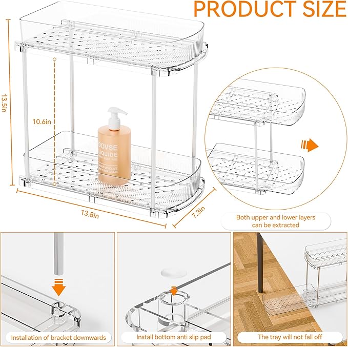 Yieach 2 Pack 13.8″ Deep 2 Tier Under Sink Storage Organizer,Large Pull Out Bathroom Organizers and Storage,Slide Out Acrylic Undersink Storage Shelf,Kitchen Under Sink Organizer for Cleaning Products