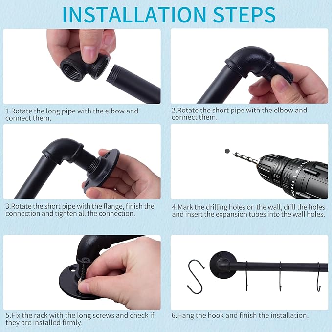 Pipe Hanging Rail for Pots, Pans, Lids, Kitchen Utensils 21 inch 2 Pack, Wall Mounted Rail Rack Pipe Bar with 10 S Hooks Indutrial Style, Black